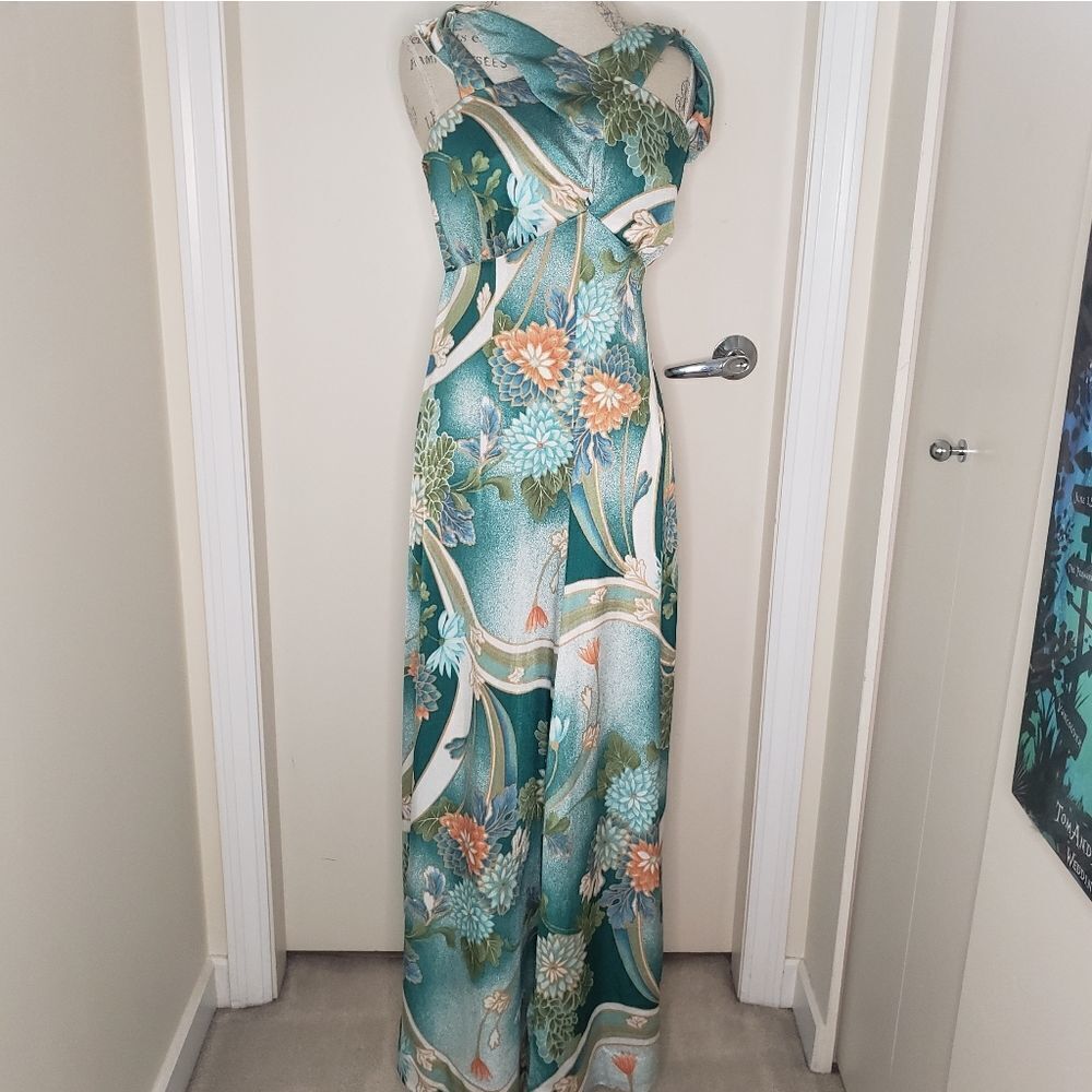 70s Hawaiian halter palazzo jumpsuit